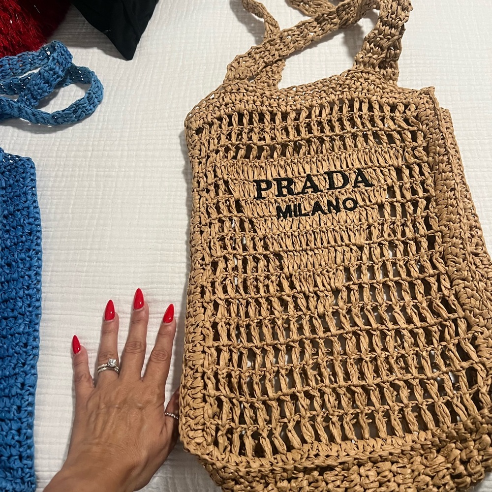Prada Blue and Tan Crochet Tote